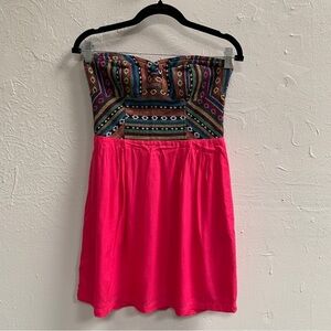 Tribal festival dress mini hot pink black Aztec print sleeveless sexy rave boho